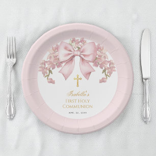 Assiettes En Carton Première communion fille Nœud rose floral et croix