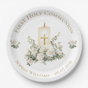 Assiettes En Carton Première communion Fleurs de croix de bougie 