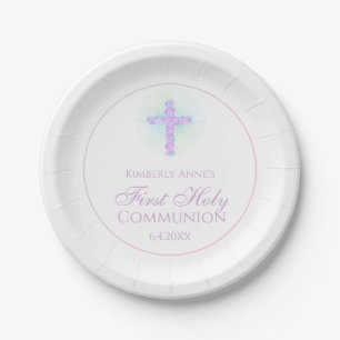 Assiettes En Carton Première communion Floral Cross Lavender Monogramm
