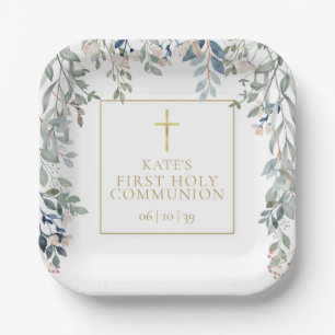 Assiettes En Carton Première communion florale verdure