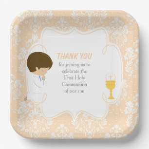 Assiettes En Carton Première communion garçon brun beige damassé