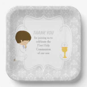Assiettes En Carton Première communion garçon brun Damassé argent
