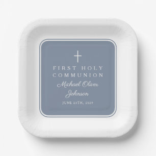 Assiettes En Carton Première communion garçon croix bleu poussiéreux m