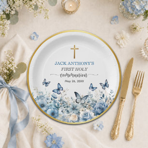 Assiettes En Carton Première communion garçon Croix dorée Fleurs bleue