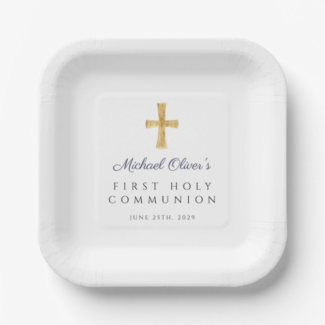 Assiettes En Carton Première communion garçon croix script bleu marine (Recto)