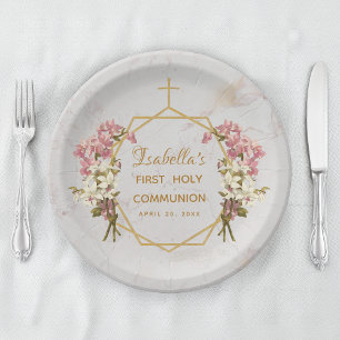 Assiettes En Carton Première communion orchidées en marbre doré floral