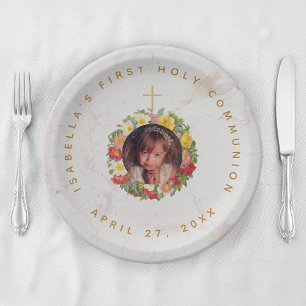 Assiettes En Carton Première communion, photo de jeune fille en marbre