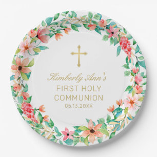 Assiettes En Carton Première communion Pink Floral Wreath Gold Nom cro