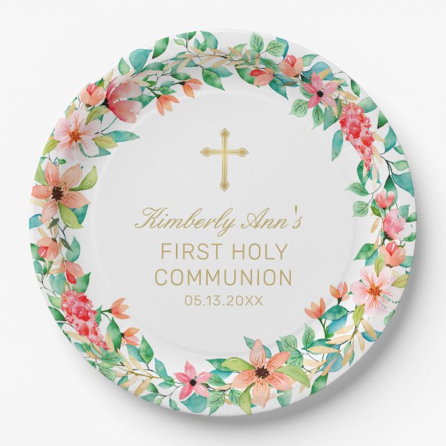 Assiettes En Carton Première communion Pink Floral Wreath Gold Nom cro (Devant)