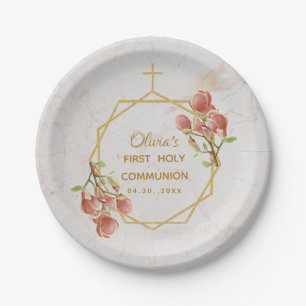 Assiettes En Carton Première communion rose Magnolia Marbre or Floral