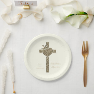 Assiettes En Carton Première Croix de la Communion avec la colombe et 