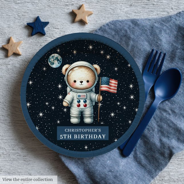 Assiettes En Carton Première fête d'anniversaire de l'astronaute de l' (Retro Teddy Bear Astronaut First Birthday Party Paper Plates )