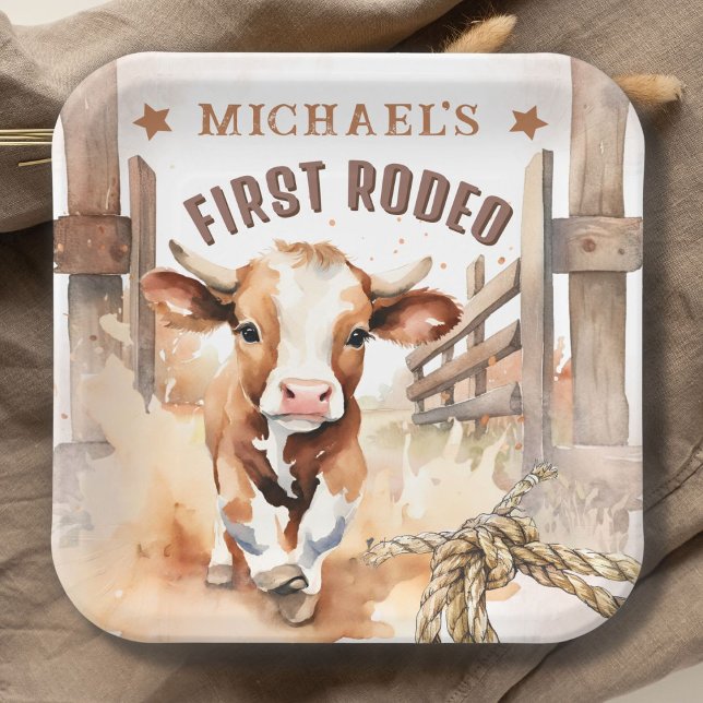 Assiettes En Carton PREMIÈRE RODÉE | Wild West Bull Cowboy 1er anniver (Créateur téléchargé)