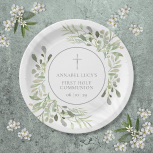 Assiettes En Carton Première Sainte Communion à l'aquarelle de verdure