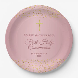 Assiettes En Carton Première Sainte Communion Cœurs en Or Rose