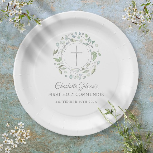 Assiettes En Carton Première Sainte Communion Croix d'argent verte (First Holy Communion Silver Cross Greenery Paper Plates)