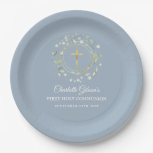 Assiettes En Carton Première Sainte Communion Croix d'Or Verdure Bleue