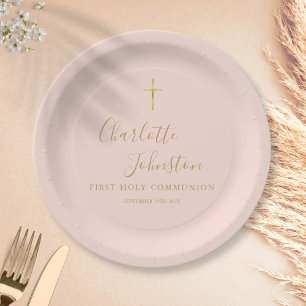 Assiettes En Carton Première Sainte Communion écriture or rose poudré