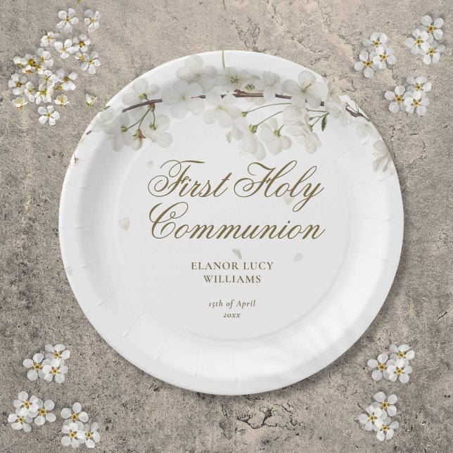 Assiettes En Carton Première Sainte Communion Élégante florale de fleu (First Holy Communion Elegant White Blossom Floral Paper Plates)