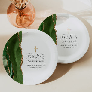 Assiettes En Carton Première Sainte Communion en Vert Agate et Paillet