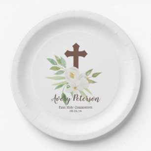 Assiettes En Carton Première sainte communion florale blanche et vert