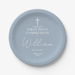 Assiettes En Carton Première Sainte Communion Minimaliste Bleu Poussié