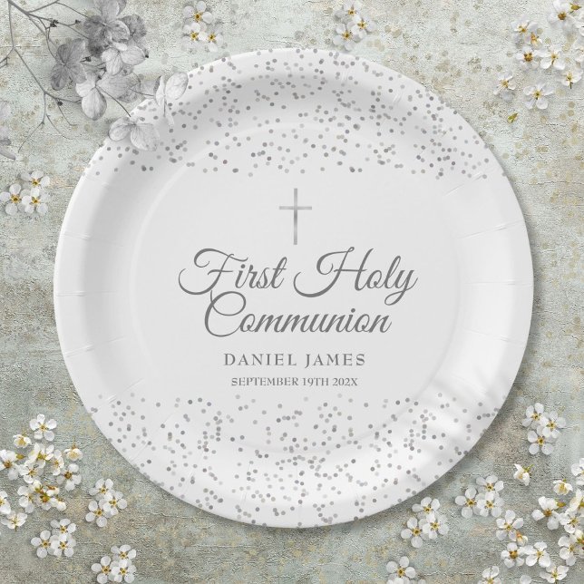 Assiettes En Carton Première Sainte Communion Moderne Poussière d'Étoi (First Holy Communion Modern Silver Stardust Paper Plates)