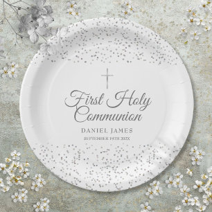 Assiettes En Carton Première Sainte Communion Moderne Silver Stardust 