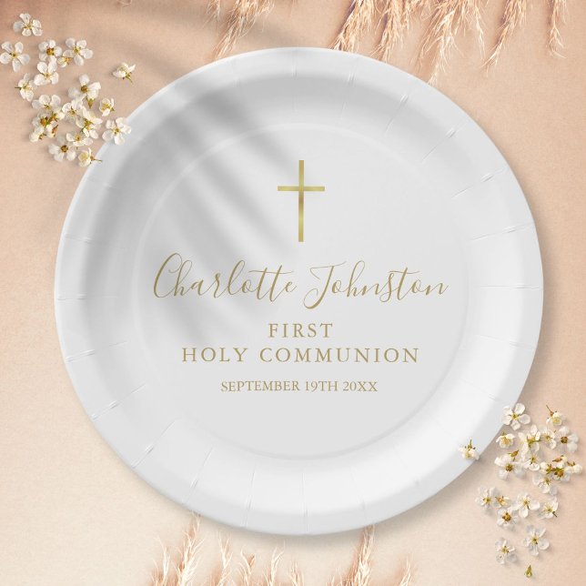 Assiettes En Carton Première Sainte Communion Signature Script Doré (First Holy Communion Golden Signature Script Paper Plates)