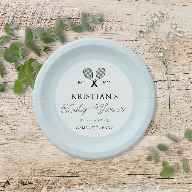 Assiettes En Carton Preppy Blue Tennis Thème Baby shower chic (elegant blue tennis theme baby shower paper plates with personalized text for preppy chic events)
