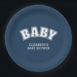 Assiettes En Carton Preppy Collegiate Varsity Navy Baby Shower<br><div class="desc">Add the perfect finishing touch to your celebration with these Preppy Varsity Collegiate Navy Baby Shower Paper Plates, designed to bring classic charm and stylish detail to your baby shower décor. Featuring bold varsity-style lettering, these plates capture the timeless look of preppy collegiate design while celebrating the sweetest reason to...</div>