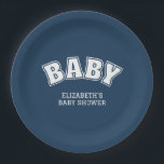Assiettes En Carton Preppy Collegiate Varsity Navy Baby Shower<br><div class="desc">Add the perfect finishing touch to your celebration with these Preppy Varsity Collegiate Navy Baby Shower Paper Plates, designed to bring classic charm and stylish detail to your baby shower décor. Featuring bold varsity-style lettering, these plates capture the timeless look of preppy collegiate design while celebrating the sweetest reason to...</div>