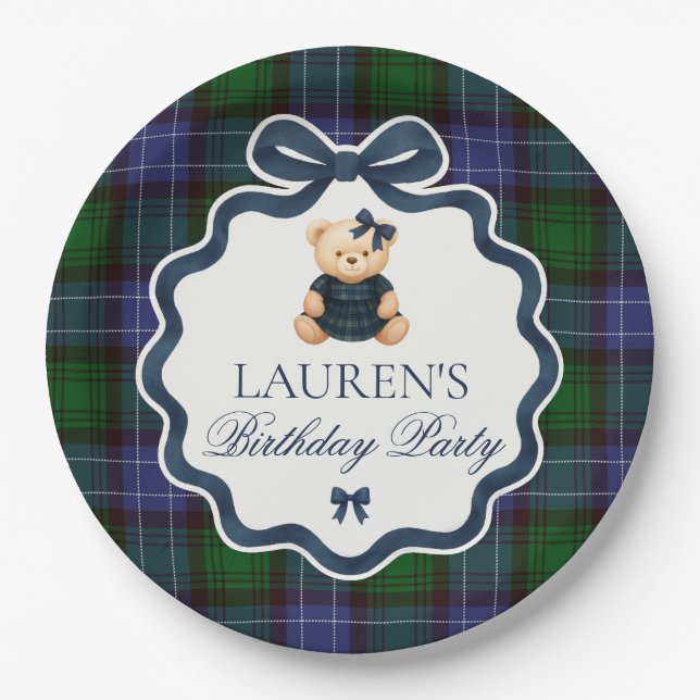 Assiettes En Carton Preppy Coquette Bow Bear Plaid Birthday  (Devant)