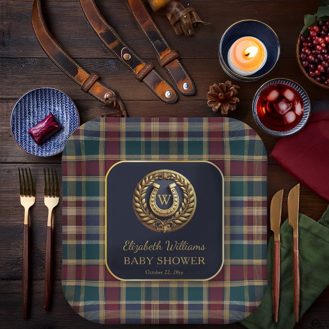 Assiettes En Carton Preppy Gold Horseshoe Monogram Baby shower bleu (Equestrian Emblem Monogram Preppy Navy Blue and Plaid Boy Baby Shower Square Paper Plates)