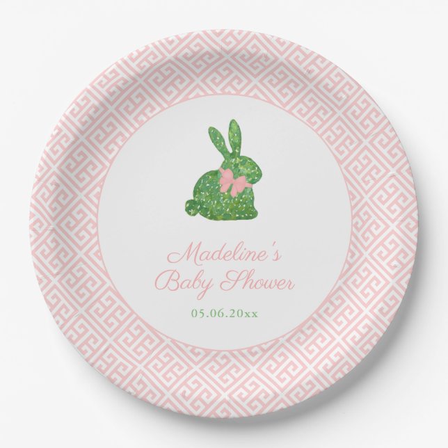 Assiettes En Carton Preppy Pink Et Green Bunny Baby shower Party (Devant)