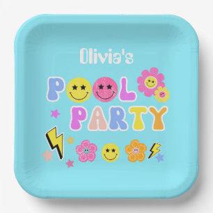 Assiettes En Carton Preppy Retro Y2K Pool Party Joyeux visage Annivers