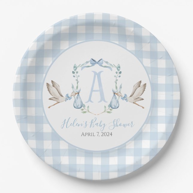 Assiettes En Carton Préppy Southern Blue Boy Stork Baby shower (Devant)