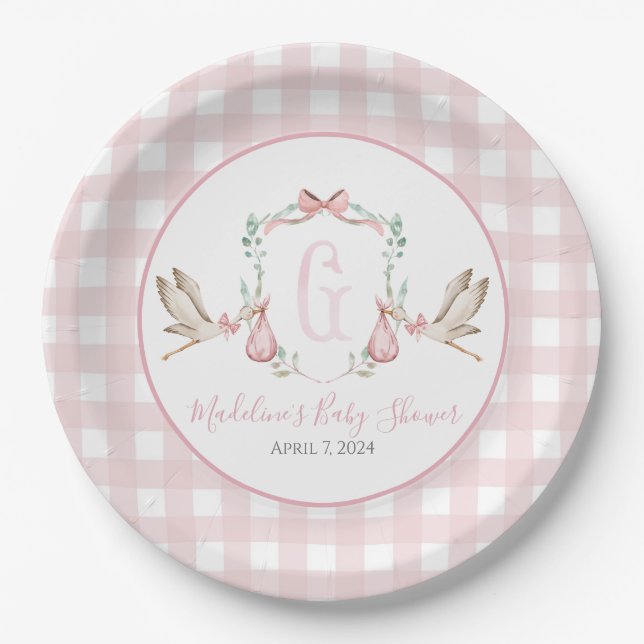 Assiettes En Carton Preppy Southern Rose Girl Baby shower de cigogne (Devant)