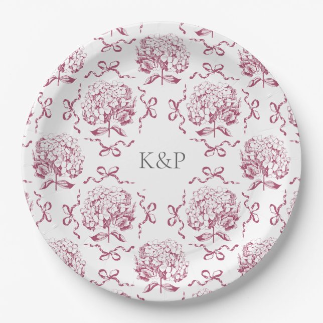Assiettes En Carton Preppy Toile rose Hydrangea Bow avec nom (Devant)
