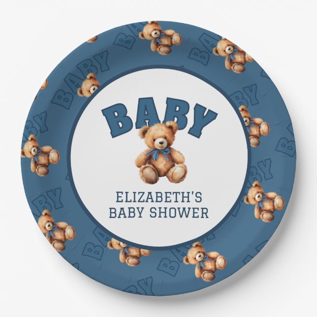 Assiettes En Carton Preppy Varsity Teddy Bear Baby Shower (Devant)