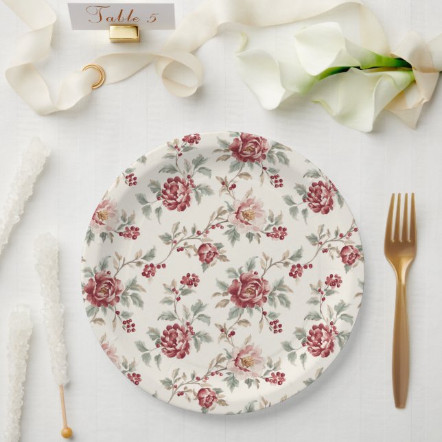 Assiettes En Carton Pretty Chic Red Cream Floral Wedding (Mariage)