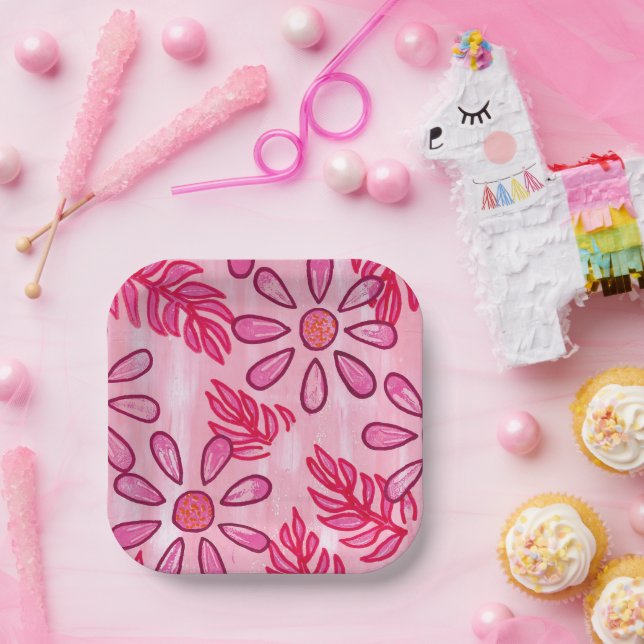 Assiettes En Carton Pretty Pink Floral and Leaves Paper Plates (Fête)