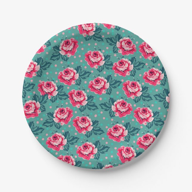 Assiettes En Carton Pretty Pink Roses and Polka Dot Pattern on Teal (Devant)