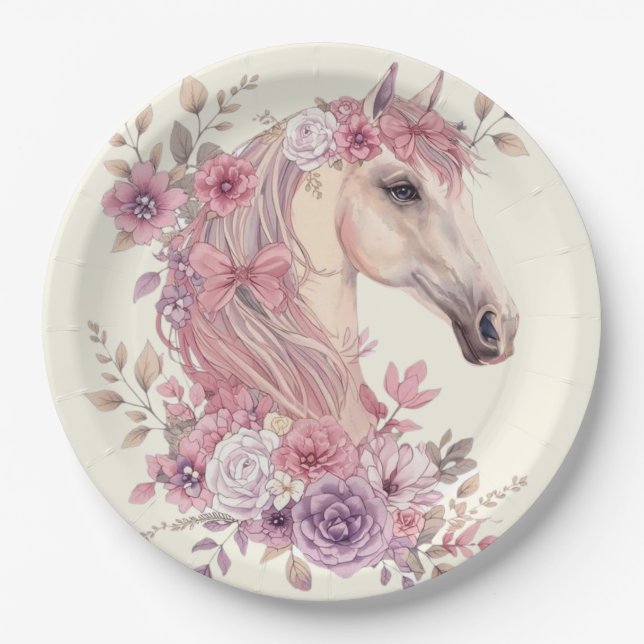 Assiettes En Carton Pretty Ponies and Petals Horse Party Plate – 9” (Devant)