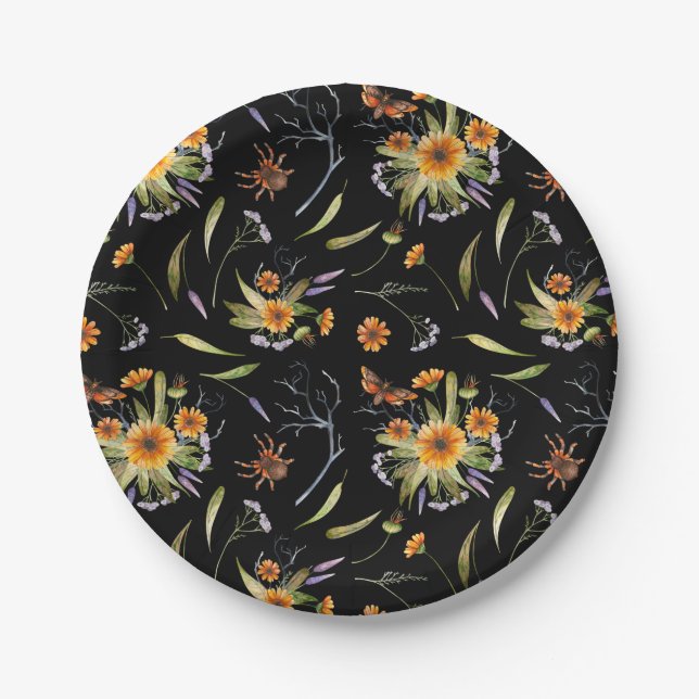 Assiettes En Carton Pretty Spooky: Halloween Flowers, Spiders and Moth (Devant)