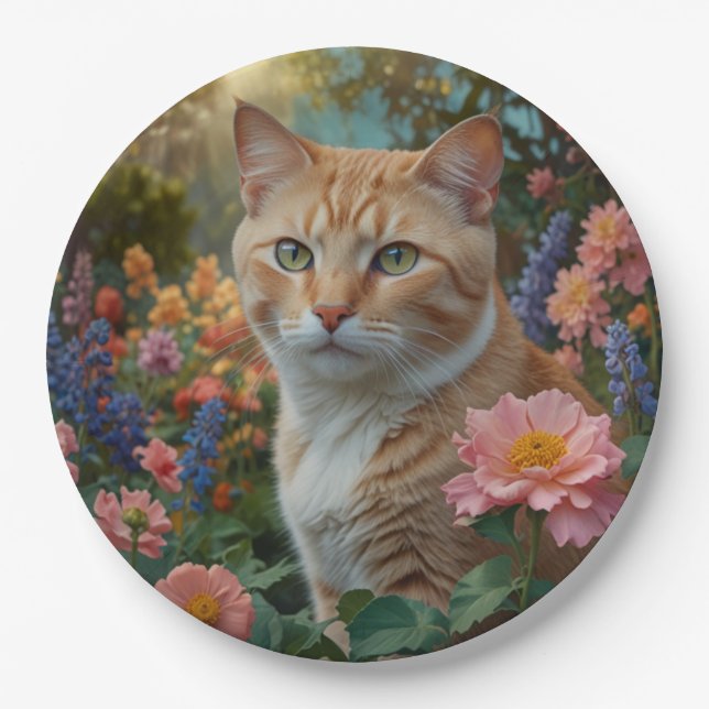 Assiettes En Carton Pretty white orange cat in floral garden (Devant)