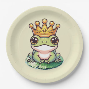 Assiettes En Carton Prince Grenouille Couronne d'Or Baby Shower Annive