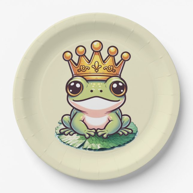 Assiettes En Carton Prince Grenouille Couronne d'Or Baby Shower Annive (Devant)
