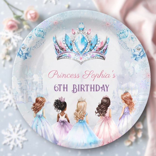 Assiettes En Carton Princess Crown Rose Blue Winter Girl Anniversaire (Princess Crown Pink Blue Winter Girl Birthday Paper Plates)