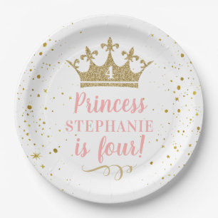 Assiettes En Carton Princess Party Gold Couronne Confetti rose